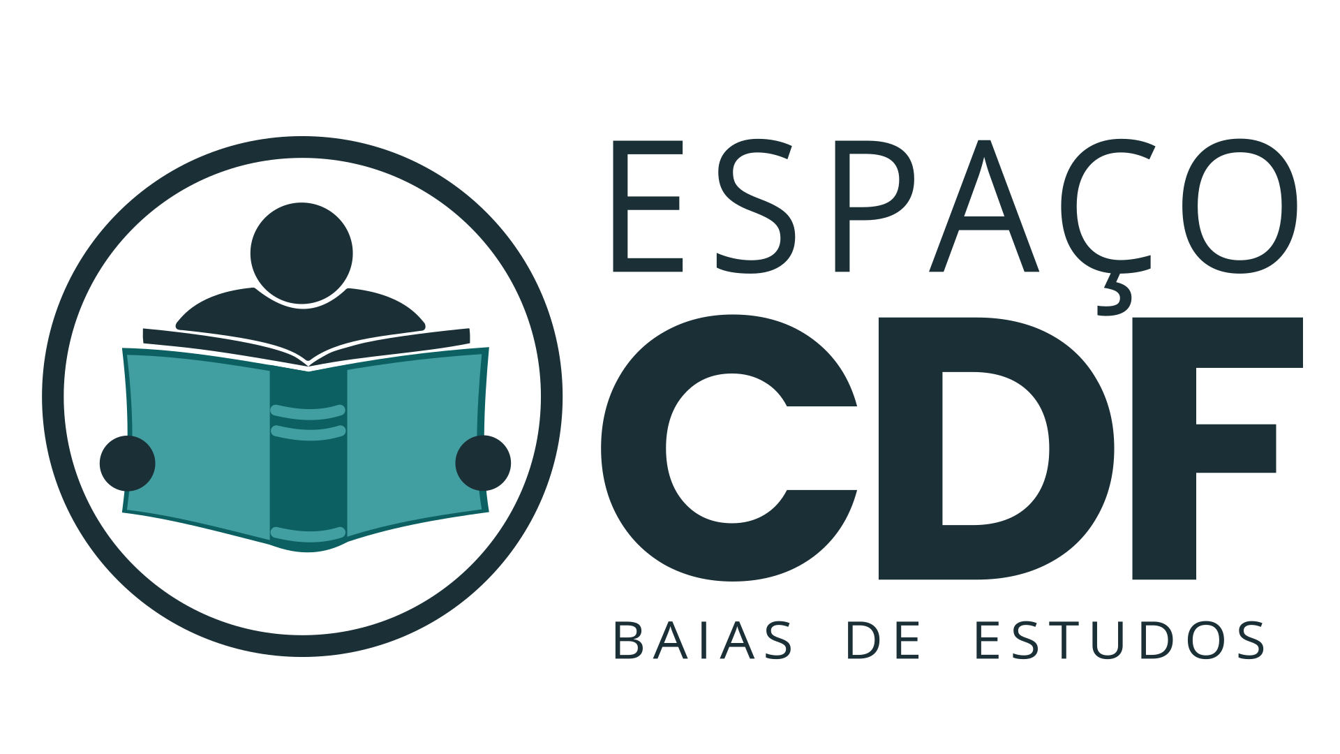 Logotipo "Espaço CDF - Baias de Estudos" com ícone de pessoa lendo um livro em círculo